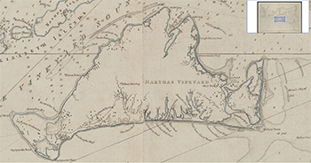1781 Des Barres. Coast of New England from Chatham Harbor to Narraganset Bay (detail of the Vineyard and three windmills).