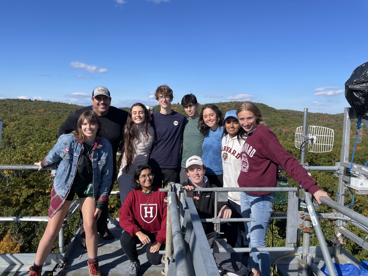 Freshman Seminar students (2022) stand atop a research tower at the Prospect Hill tract