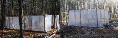 [November 12 - the first chambers are wrapped. Here, two of the hot plants chambers, one in a gap (right) and one in the understory (left), are illustrated. Note that the gap chambers are taller to account for faster plant growth in the gap.]