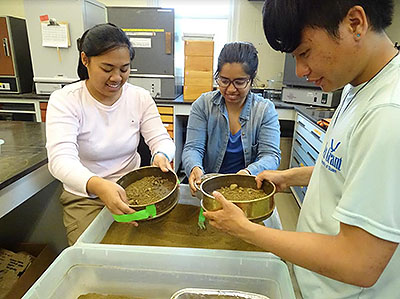 [Jerilyn, Seanne, and I grinding litter and sieving soil for our experiment!]