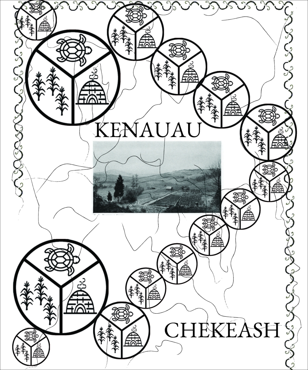 Image shows the final panel, which includes repeating symbols of corn stalks, a turtle, and a shelter, and includes "Kenauau chekeash," or "See you later" in the Nipmuc language. 