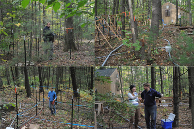 [October is being spent framing the chambers, laying conduit for electrical supply and data controllers, and enjoying the fall foliage. Clockwise from top left: Mark Van Scoy in an ant chamber; Conduits in the forest; Sarah Butler and Paul Frankson discussing plant chambers; Greta Turschak laying out warming cables in plant chambers.]