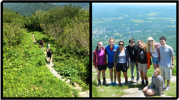 [Hiking Mount Greylock (left) and the group at the top (right). Yours truly is the goofy blond in mom jeans.]