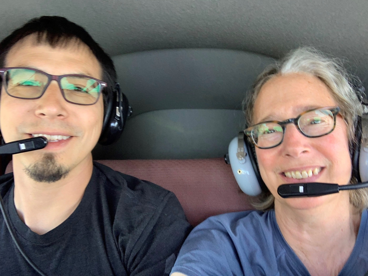 Photo shows Ben Stevens and Lynda Mapes on the plane