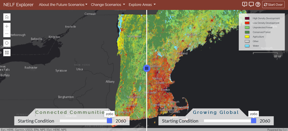 Two scenario maps, Connected Communities and Growing Global, separated by a slider.