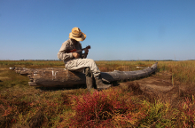 Noah Charney sitting on a log playing music in an open field. 