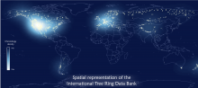 A map of the world highlighting locations of tree ring data banks.