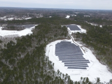 This solar farm was built in Mendon, MA. The property was previously undeveloped forested land and partially used for farming. The total system size is about 4.1 MW DC. Photo by Lucas Faria.