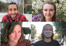 headshots of four graduate student research award winners (top left: Thomas Muratore; top right: Sophie Everbach; bottom left: Amanda Suzzi; bottom right: Nikhil Chari) 