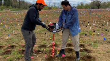 Image shows Juan Ramírez-Lerma and José Antonio Guzmán Quesada drilling holes in the soil.
