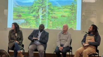 Image shows 2023-2024 Bullard Fellows in Harvard Forest's Fisher Museum. 