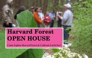 Image shows a banner with text (Harvard Forest OPEN HOUSE) and a background photo of a field tour.