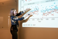 Image shows Jackie Matthes discussing research data at the 2022 LTER Symposium.