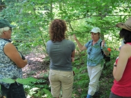 Image shows Betsy Colburn (facing camera) describing field conditions to a group of participants.