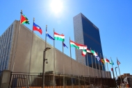 Image shows the United Nations headquarters in New York City.