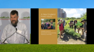 Screenshot from Food Summit livestream showing speaker Brian Donahue at podium at left and report cover of New England Food Vision at right, which shows a diverse group of young people harvesting garden food
