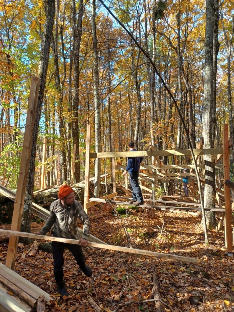 Men constructing a lumber structure in the forest