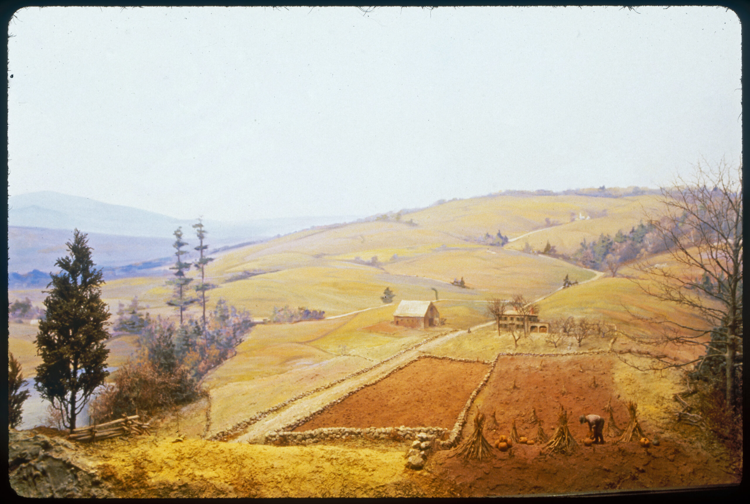 Diorama scene with a barn surrounded by land cleared for fields. In the foreground are two tilled fields bordered by stone walls. A man makes a pile of pumpkins.