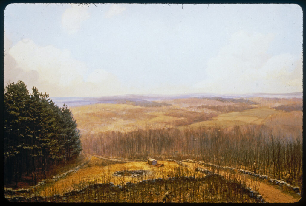 Diorama scene of forestry workers using machetes to thin a young hardwood stand
