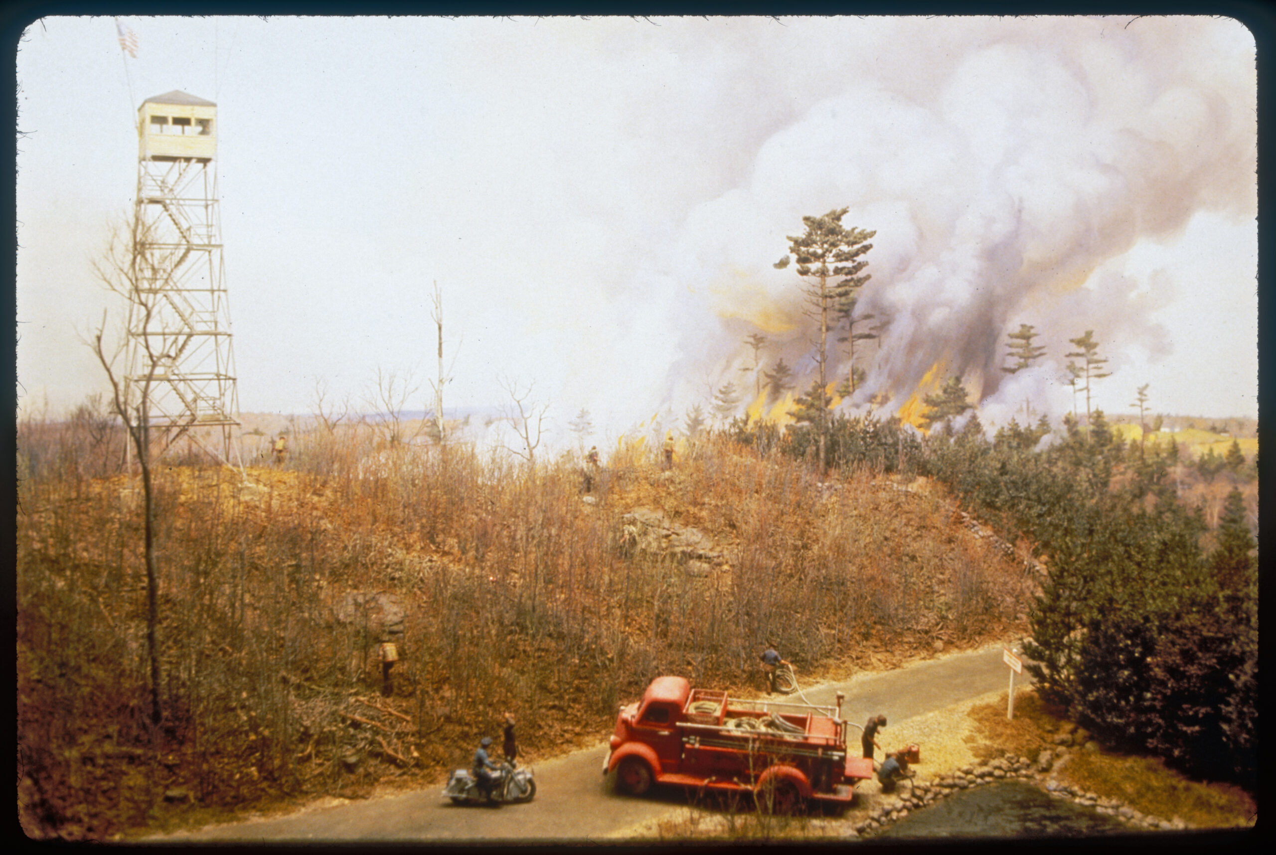 Diorama scene showing a fire tower on a hill. A police officer on a motorcyle and a firetruck are parked on the road and firefighters lower a hose into a water hole. Other forestry workers walk towards trees that are on fire in the background.