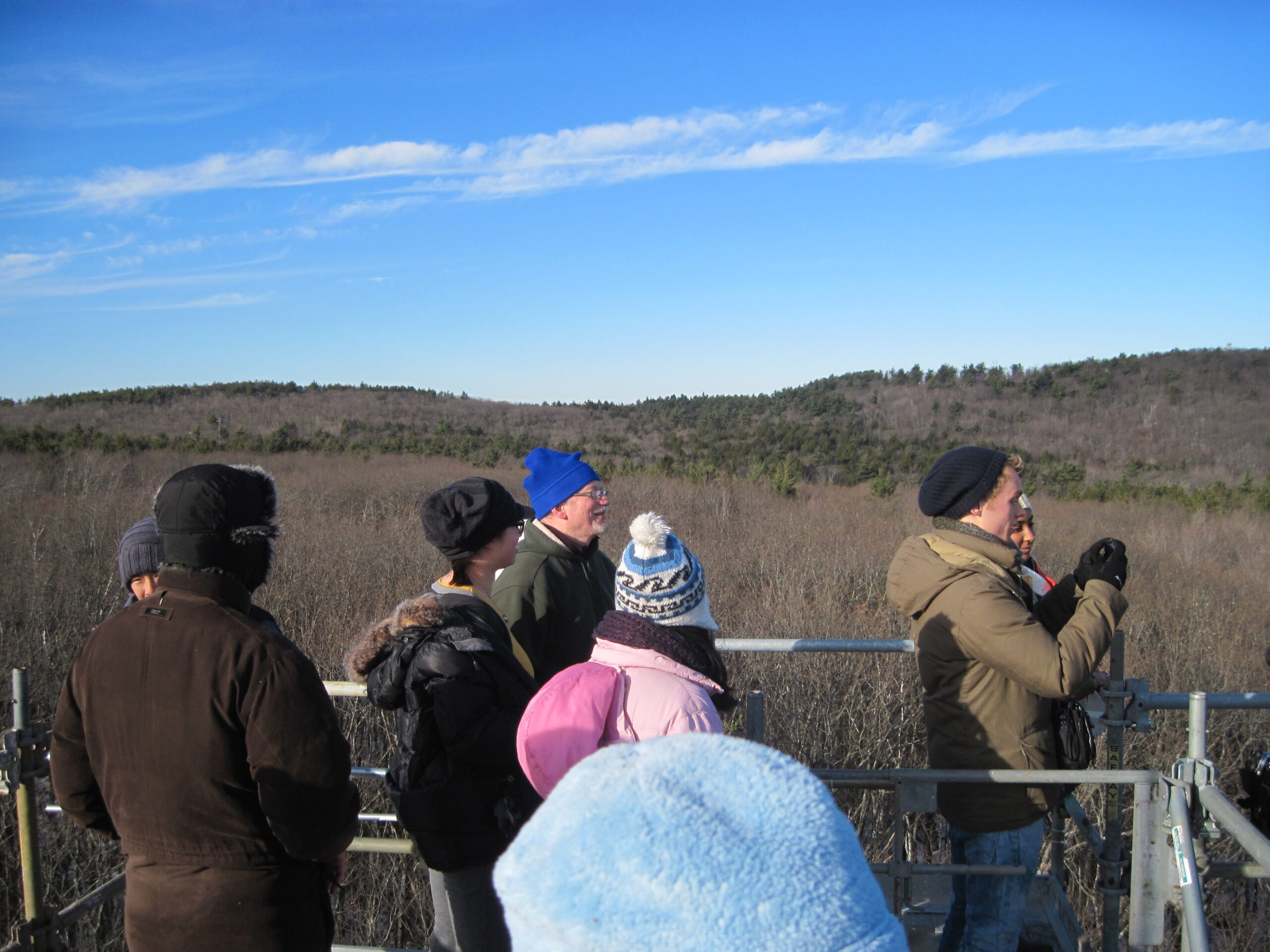 A group of people standing atop a research tower above the tree canopy. The hardwood trees below the tower have shed their leaves, but conifers in the background remain green