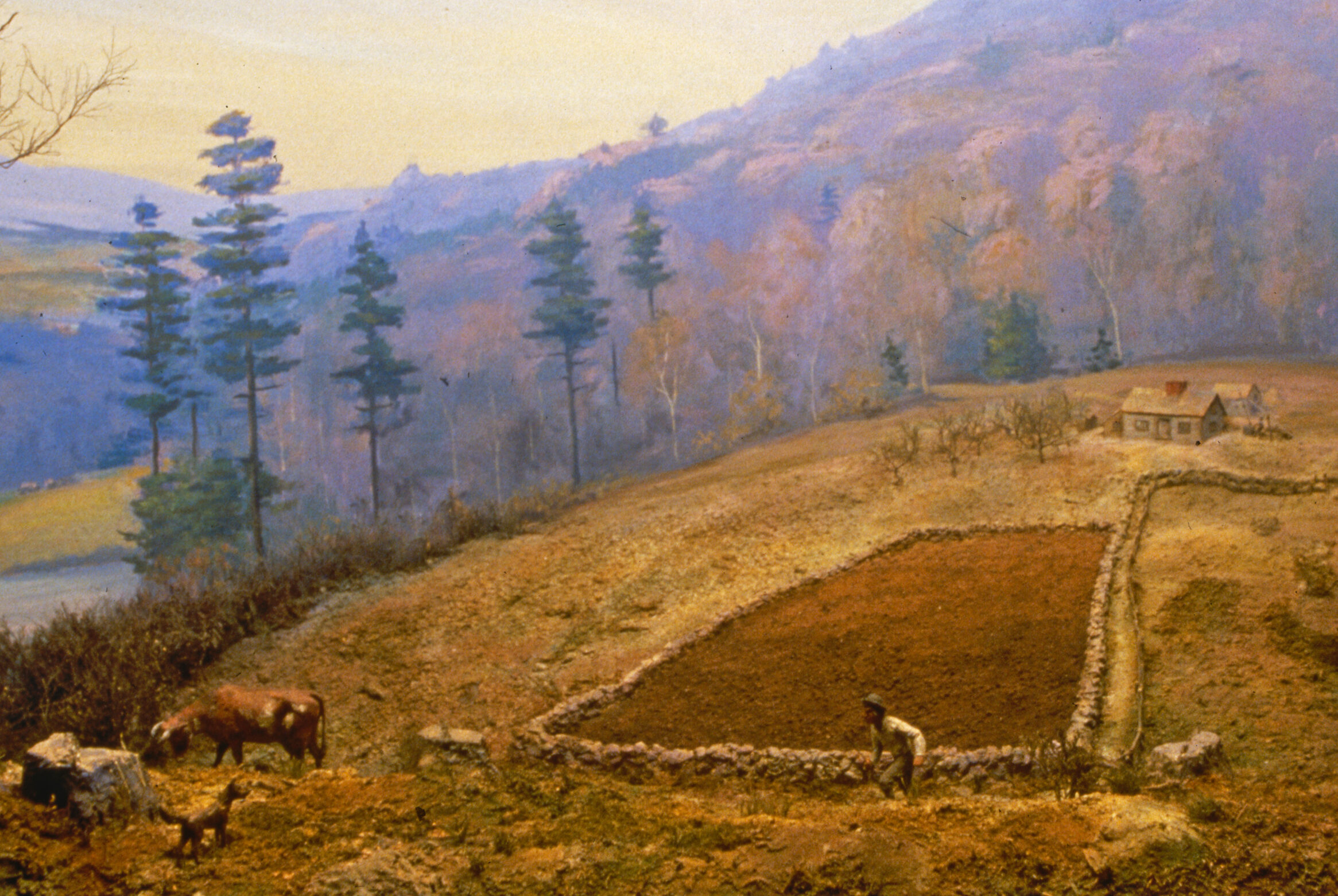 Diorama scene of a small farmhouse, a field surrounded by a stone wall, a few stumps of large trees, a man, a dog and a cow